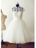 High Neck Ivory Lace Tulle Tea Length Wedding Dress